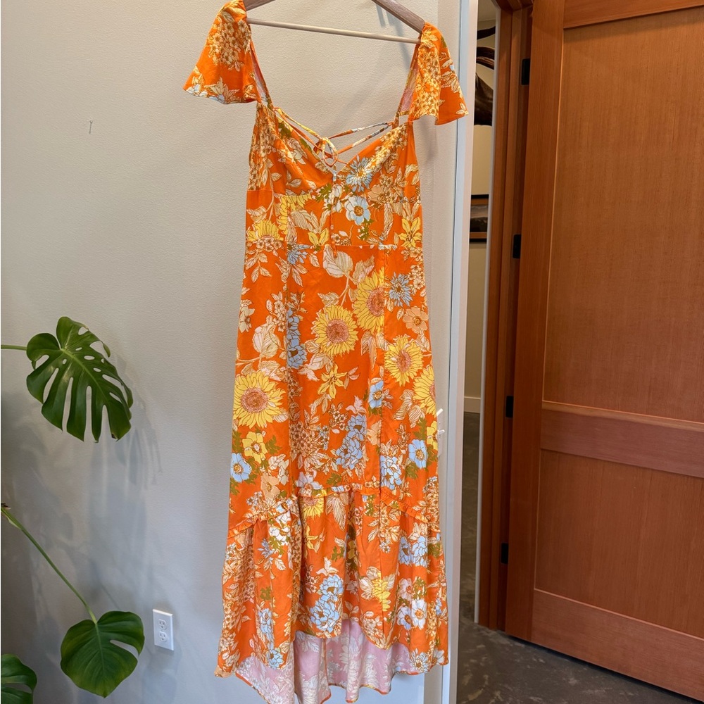 Urban Outfitters Orange Floral High-Low Slip Dress